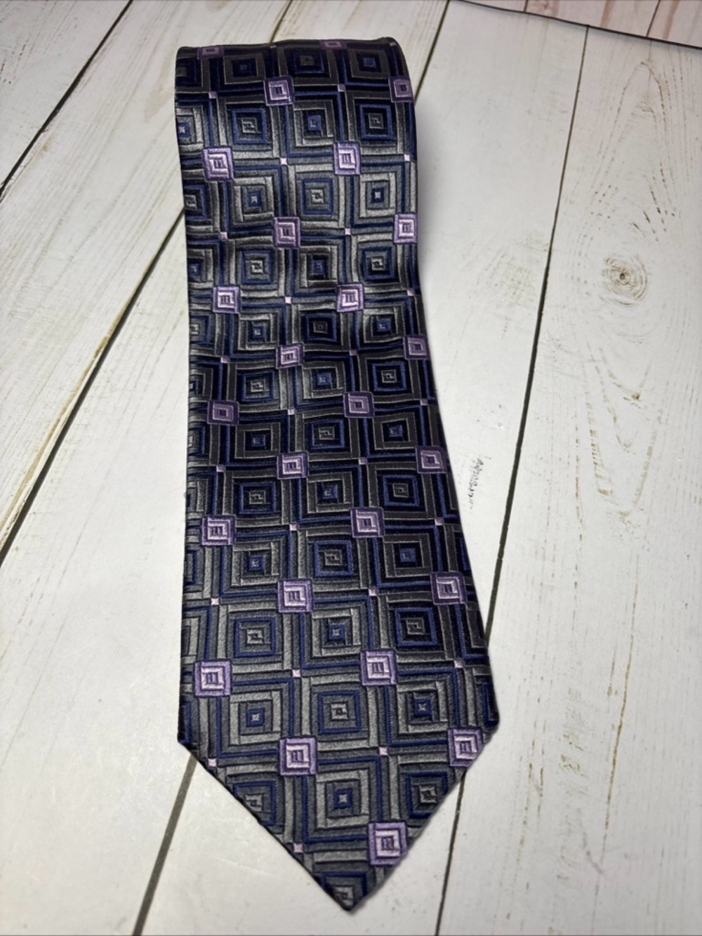 Ermenegildo Zegna Purple-blue-silver Silk Geometric Necktie Italy 3.5”x58”